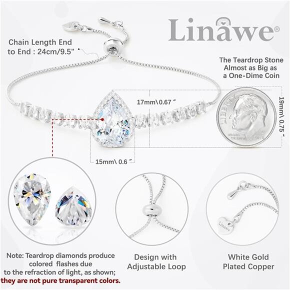 Women Crystal Rhinestone Charm Bracelet Adjustable Chain Teardrop Cubic Zirconia - Picture 2 of 7